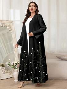 Al Najma 女士优雅花卉印花阿拉伯长袍，朴素 - 黑色 - 查看 4