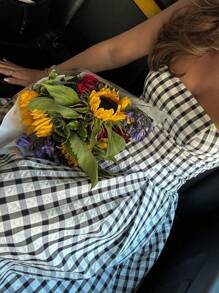 INAWLY 女士格子褶皱休闲抹胸连衣裙