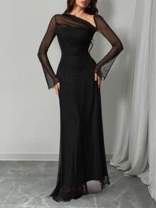 SHEIN Tall Elegant Solid Color Asymmetric Neck Dress, Autumn,Bohemia - Black - View 6