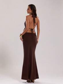 SHEIN BAE Solid Color Halter Backless Top And Skirt Sexy 2 Pieces Set - Coffee Brown - View 2