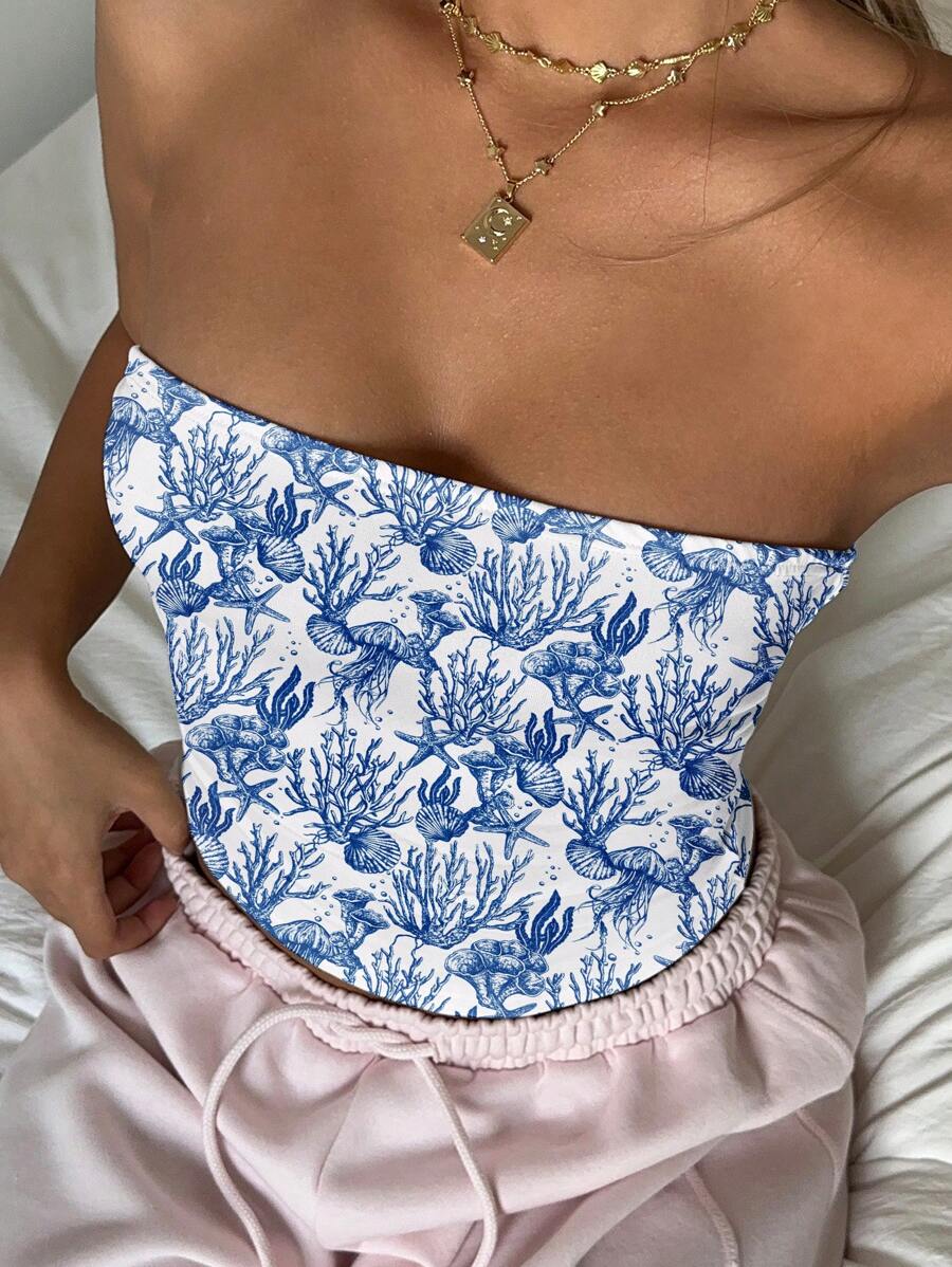 SHEIN EZwear 女式休闲露肩紧身上衣，全身海浪印花图案，适合夏季和度假 - 白色 - 查看 1