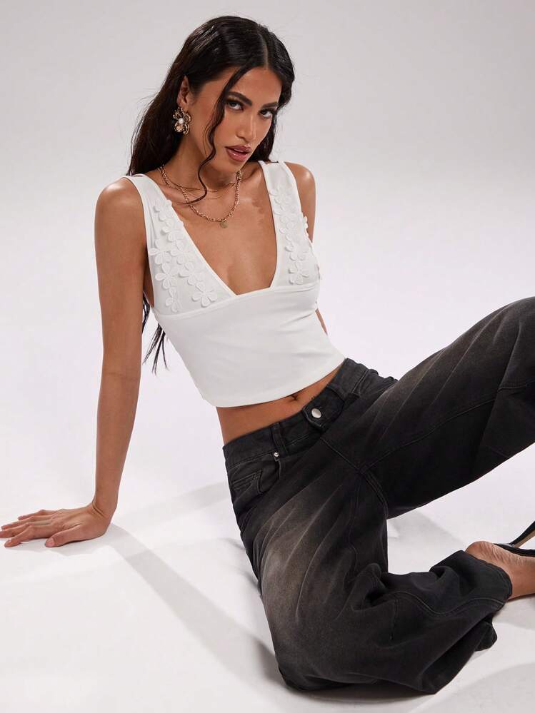 SHEIN BAE 女士装饰深 V 镂空露背紧身性感吊带背心 - 白色 - 查看 5