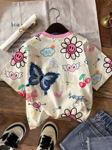 SHEIN Leap Crew Graffiti Cartoon Bow Print Oversized T-Shirt, Casual & Simple For Teen Girls, Suitable For Summer - Multicolor - View 2