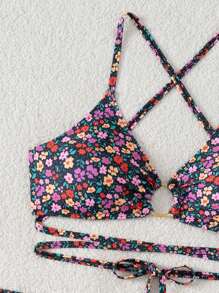 Swim Mod 3pcs Women Summer Vacation Beach Ditsy Floral Bikini Set - Multicolor - View 3