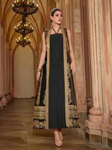 Al Najma Women's Elegant Spring/Summer Mesh Robe With Neck Tie, Arabic Style Set - Black - View 5