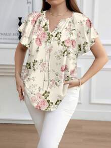Reflora 优雅玫瑰花朵印花休闲宽松圆领短袖衬衫，适合大码，春夏季 - 米色 - 查看 6