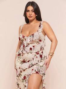 SHEIN BAE 大码女式优雅花卉和网眼荷叶边下摆侧开衩长裙，适合婚礼派对、伴娘、鸡尾酒会/曲线裙/夏威夷女装/长款花卉裙/花卉长裙/春季长裙/及膝裙/曲线沙滩裙/花卉长裙/母亲节/妈妈/母亲/妈妈/母亲节/妈妈/妈妈/母亲节礼物 - 杏色 - 查看 6