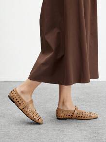 CUCCOO BIZCHIC Women Shoes New French Fashion PU Leather Mesh Buckle One Word With Square Toe Flat Sole Shoes, Apricot Versatile Elegant Breathable Lightweight One Pedal Comfortable High-End Sandals - Brown - View 9