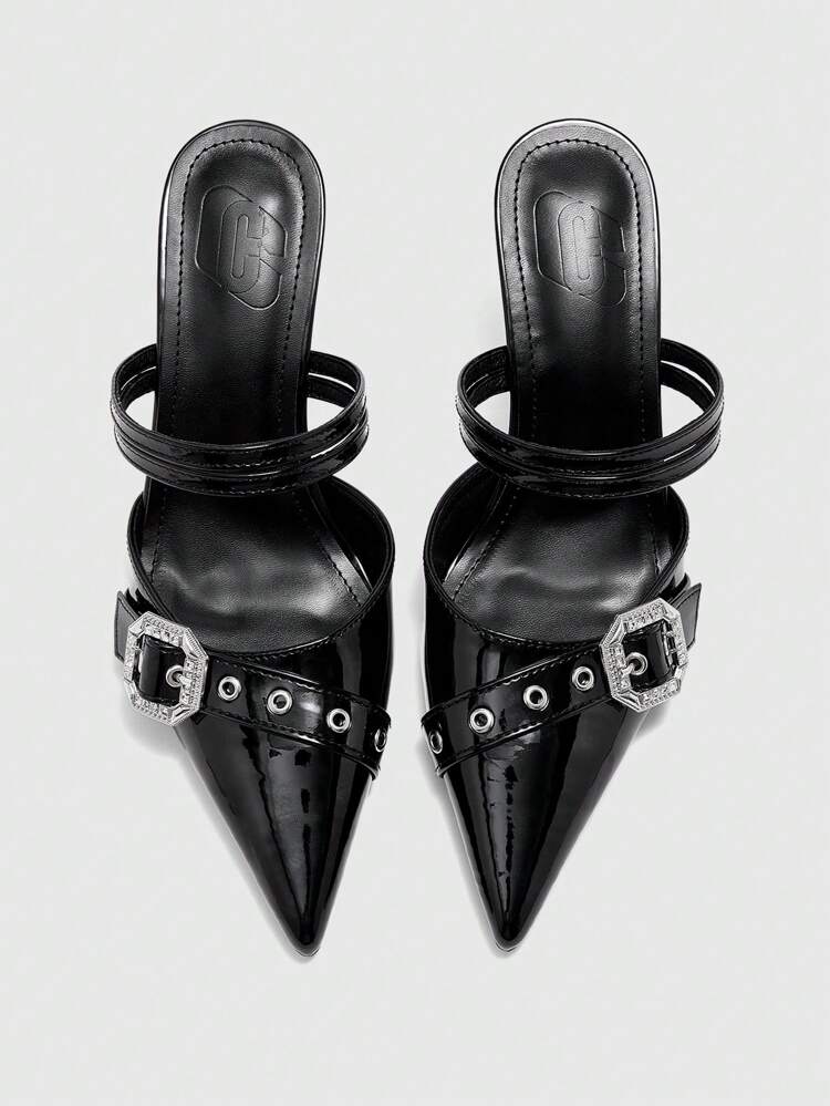 CUCCOO CURVES プラスワイド ハイヒールサンダル 9cm、中空 ブラック スタイリッシュ エレガント リベット バックル装飾クローズドトゥ、オフィスや夏の日常着に適しています