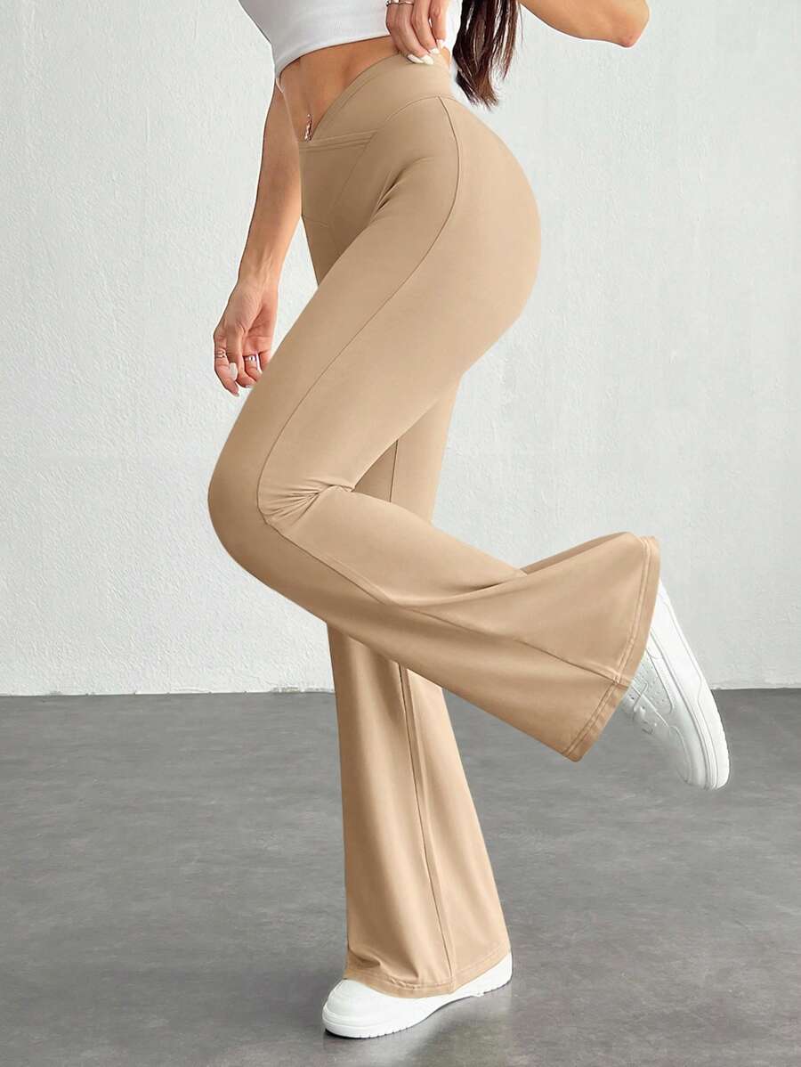 SHEIN PETITE 简约纯色裹身高腰喇叭裤 - 杏色 - 查看 1