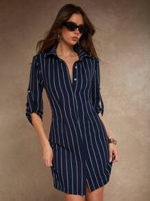 COSMINA Women's Striped Print Button Up Mini Casual Dress With Roll Up Sleeves - Camel - View 6