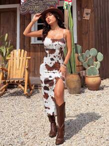 SHEIN EZwear Women's Summer New Western Music Festival Cow Print Sling Slit Midi Dress, Suitable For Music Festival Wear,Summer Dresses For Women,Country - Multicolor - View 1
