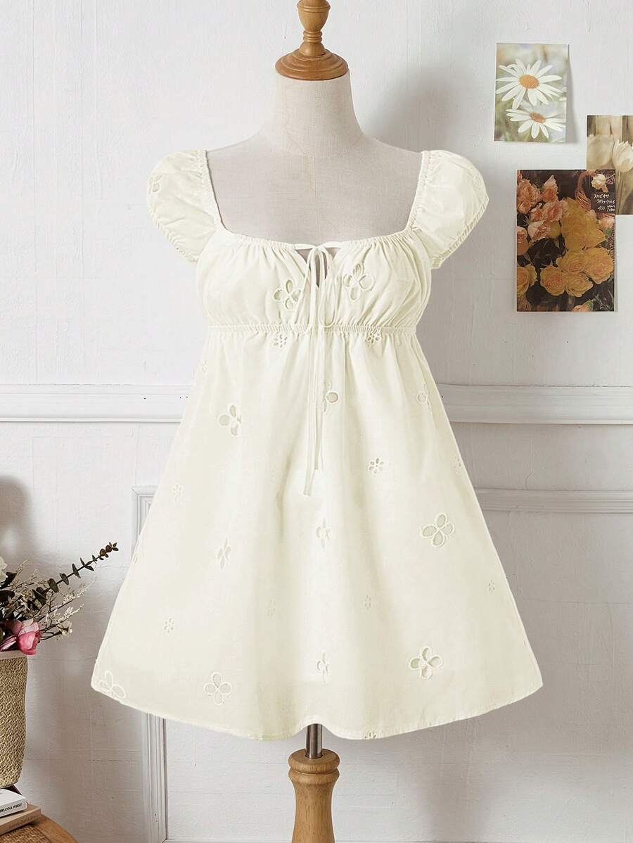 SHEIN Unity V Neck Ruffle Tie Front Hollow Out Floral Embroidered Mini Dress, Vacation Style - Apricot - View 1