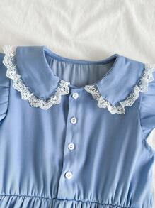 SHEIN Tween Girl Floral Ruffled Neck Cap Sleeve Pocket Dress, Cottage Style - Blue - View 3