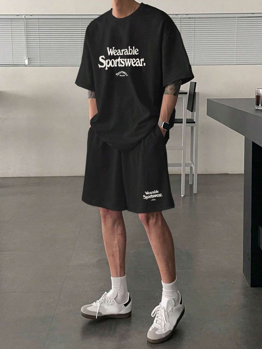 DAZY 2 pièces/set Ensemble t-shirt et short pour hommes avec imprimé lettre, noir