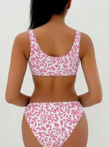 SHEIN Swim 2 Pieces Swimwear With Leopard Print Splicing Design (Printed Pattern Random) For Summer Beach Vacation - Pink - View 2