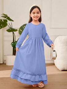Young Girl A-Line Ruffle Trim & Headscarf Long Dress - Blue - View 8