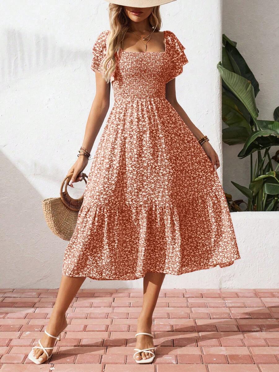 Breezaya Đầm Maxi Cổ Vuông In Hoa Đơn Giản Mùa Hè Tay Ngắn Cho Nữ Đi Biển Kỳ Nghỉ - trái cam - Xem 1