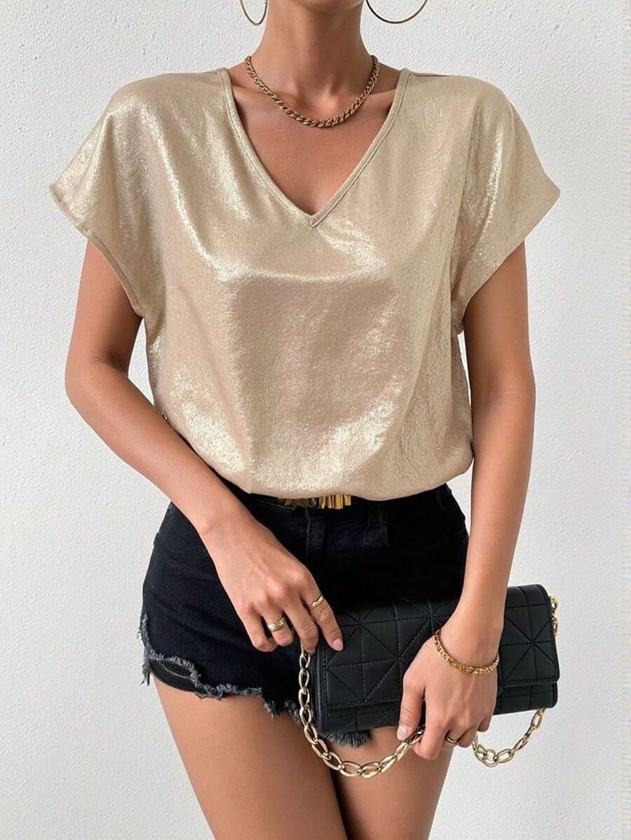 女士纯色 V 领休闲短袖上衣，夏季 - 金色 - 查看 1