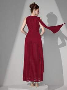 Poshira 女士优雅混合材质蕾丝拼接腰部正式晚礼服、派对礼服，适合婚礼宾客 - 酒紅色 - 查看 2