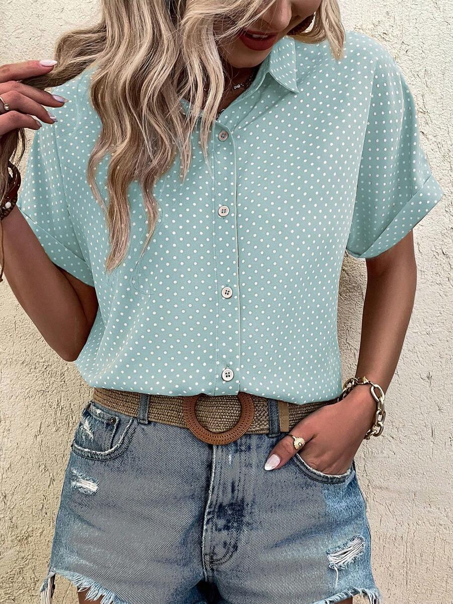 EMERY ROSE 波点印花度假休闲风 - 现代休闲衬衫 - 薄荷藍 - 查看 1