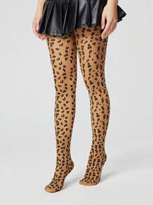 ROMWE Goth 1 双豹纹紧身裤，时尚百搭，适合所有季节 - 咖啡棕 - 查看 3