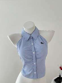 Elamini Sleeveless Striped Embroidered Short Slim Fit Shirt For Women, Spring/Summer - Blue - View 1