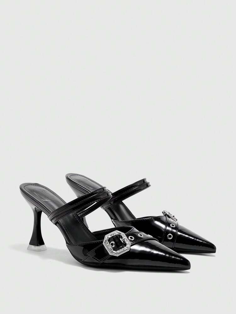 CUCCOO CURVES プラスワイド ハイヒールサンダル 9cm、中空 ブラック スタイリッシュ エレガント リベット バックル装飾クローズドトゥ、オフィスや夏の日常着に適しています