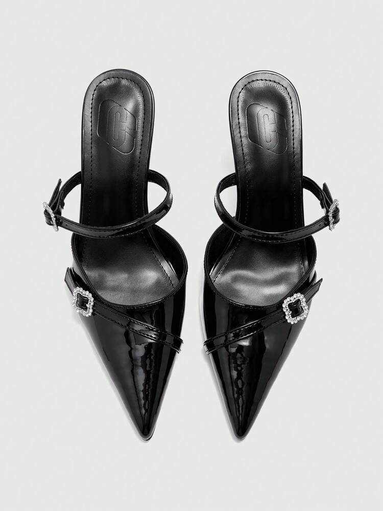 CUCCOO CURVES Plus Size Wide Fit Pointed Toe 9CM High Heel Sandals, Hollow Out Elegant Sexy Black Strap Rhinestone Buckle, Suitable For Daily, Work, Vacation, Summer