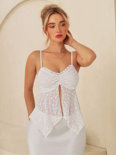 Glamine Asymmetrical Hem Slit White Lace Summer Camisole For Women