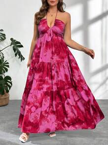 Firerie Plus Size Women Tie-Dye Print Ruffle Hem Halter Neck Dress, Vacation Style Spring To Summer - Hot Pink - View 3