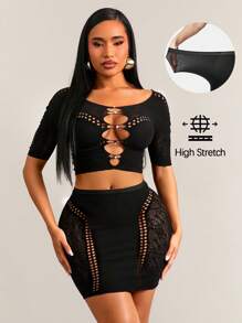 SHEIN SXY 春夏衣服套装度假沙滩优雅休闲音乐节夜店黑色高弹无缝镂空蕾丝短袖圆领短上衣高腰半身裙两件套
