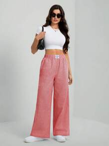 SHEIN Tall Women's Red Vertical Striped Casual Long Pants With Pockets: Semi-Sheer Woven Fabric For A Stylish, Breezy Look - Red - View 4