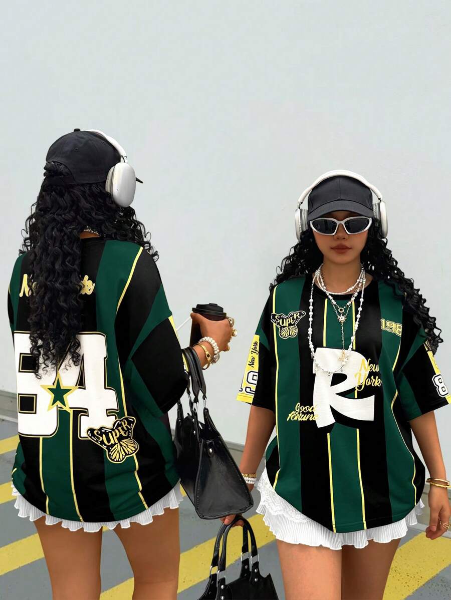 Rovax 女士对比条纹数字印花短袖 T 恤 - 墨綠色 - 查看 1