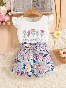 SHEIN 2pcs/Set Young Girl Flower Print Top And Shorts Casual Vacation Outfit, School, Campus, College