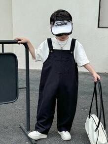 SHEIN Young Boys' Casual Comfortable Solid Color Bib Overall Pants, Versatile For Outing And School - Black - View 3