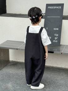 SHEIN Young Boys' Casual Comfortable Solid Color Bib Overall Pants, Versatile For Outing And School - Black - View 2