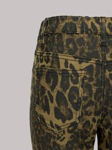 青少年女孩时尚豹纹水洗牛仔宽松喇叭牛仔裤，松紧腰带和拉链开合，时尚舒适 - 黑色 - 查看 8