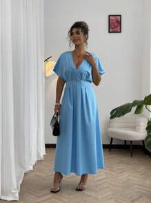 SHEIN Clasi Vestido largo de línea A con cintura para mujer de talla grande en unicolor - Azul - Ver 4