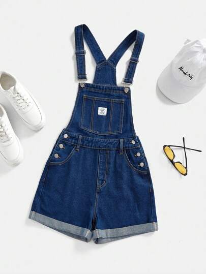 Comfortcana Women Loose Casual Letter Embroidery Pocket Denim Bib Shorts