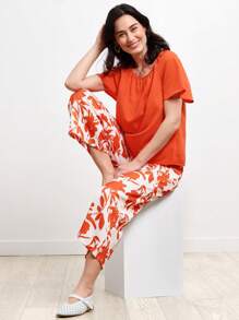 Miaspire Solid Blouse & Slant Pocket Plants Print Trousers - Multicolor - View 5