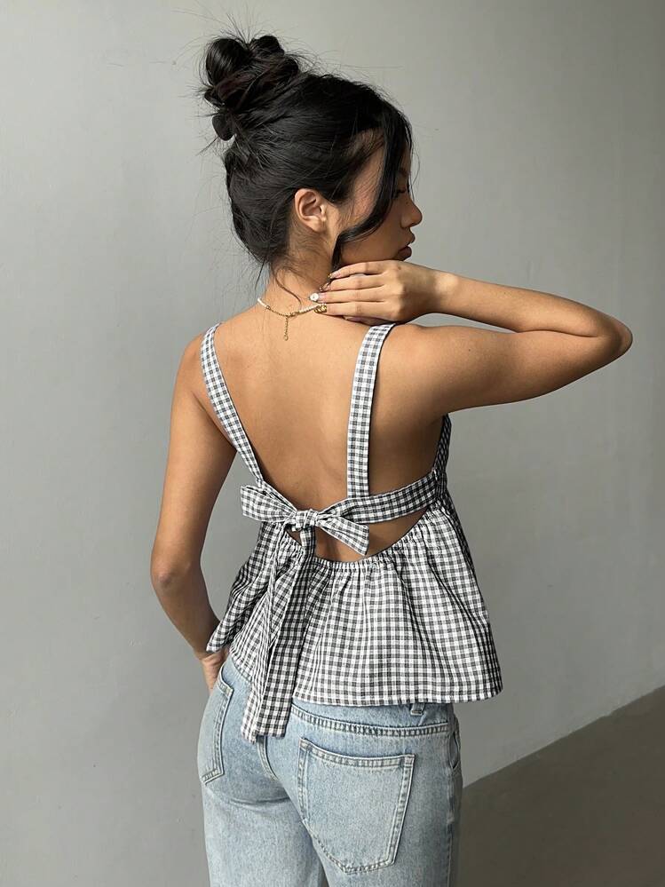 Aloruh Women's Sexy Backless Bowknot Camisole For Summer,Rave Top - Black and White - View 6
