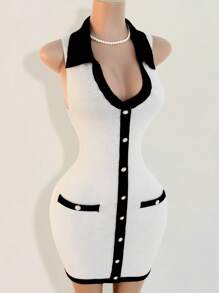 Mistrie 黑白收腰女式毛衣裙，撞色领口迷你针织毛衣裙，休闲性感春夏女装，满足基本旅行需求 - 黑與白 - 查看 3