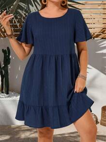 EMERY ROSE Plus Size Vacation Casual Solid Color Short Sleeve Dress, Summer Outfits For Women, Easter Dress Women, Bohemia, Rave Outfits, Easter Outfit Curve, Country Concert Outfit,Spring - Navy Blue - View 6