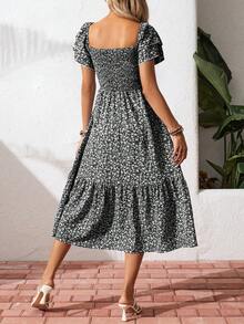 Breezaya Quadratischer Ausschnitt Sommerkleid mit Blumenmuster, lässiger Kurzarm Maxikleid für Strand Urlaub Outfits Frauen