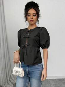 Rafferiza 女士夏季泡泡袖衬衫配蝴蝶结女士衬衫 - 黑色 - 查看 4