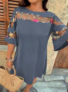 EMERY ROSE Plus Size Asymmetrical Mesh Patchwork Soft Knitted Round Neck Casual Straight A-Line Dress For Vacation, Commute - Multicolor - View 5