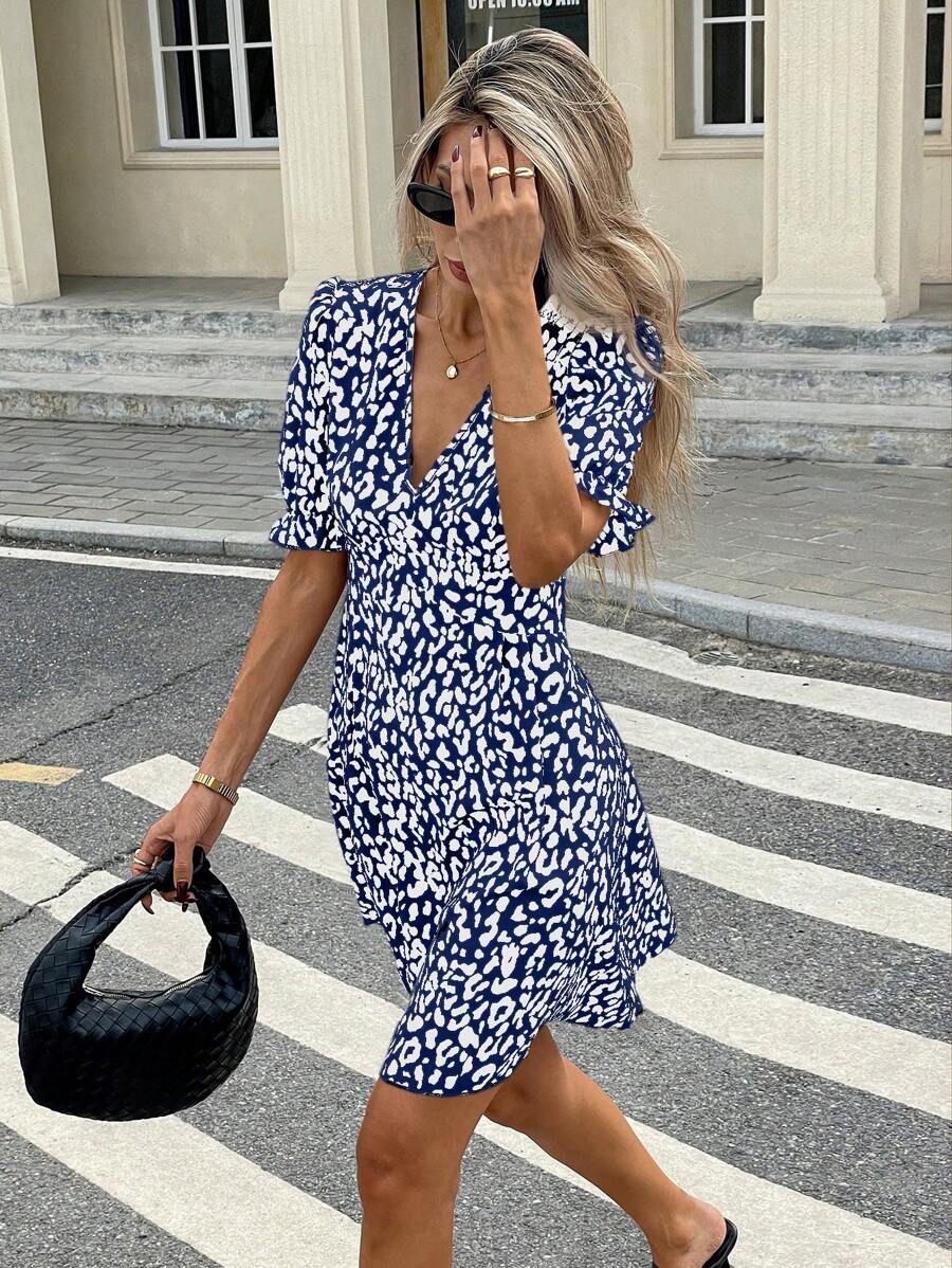 SHEIN Frenchy Women's Leopard Print V-Neck Short Sleeve Casual Mini Dress Summer - Navy Blue - View 1