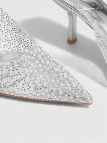 CUCCOO SZL 尖头系带高跟凉鞋，透明银色玻璃水钻装饰，正式晚间新娘婚礼派对鞋