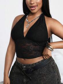 Dripcurv Áo ba lỗ đen cỡ lớn có ren, cổ chữ V gợi cảm - màu đen - Xem 4